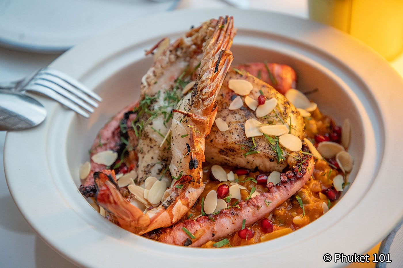 pastel rooftop restaurant seafood plate