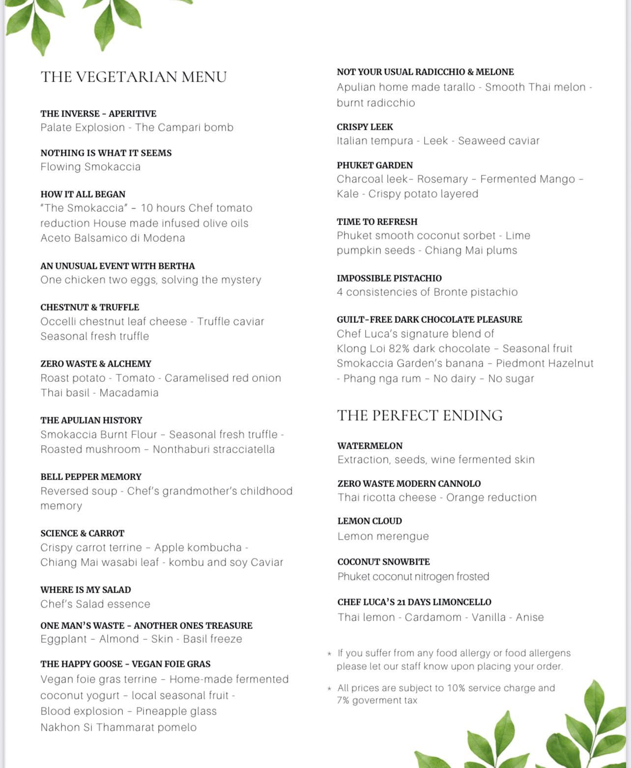 The Smokaccia Menu