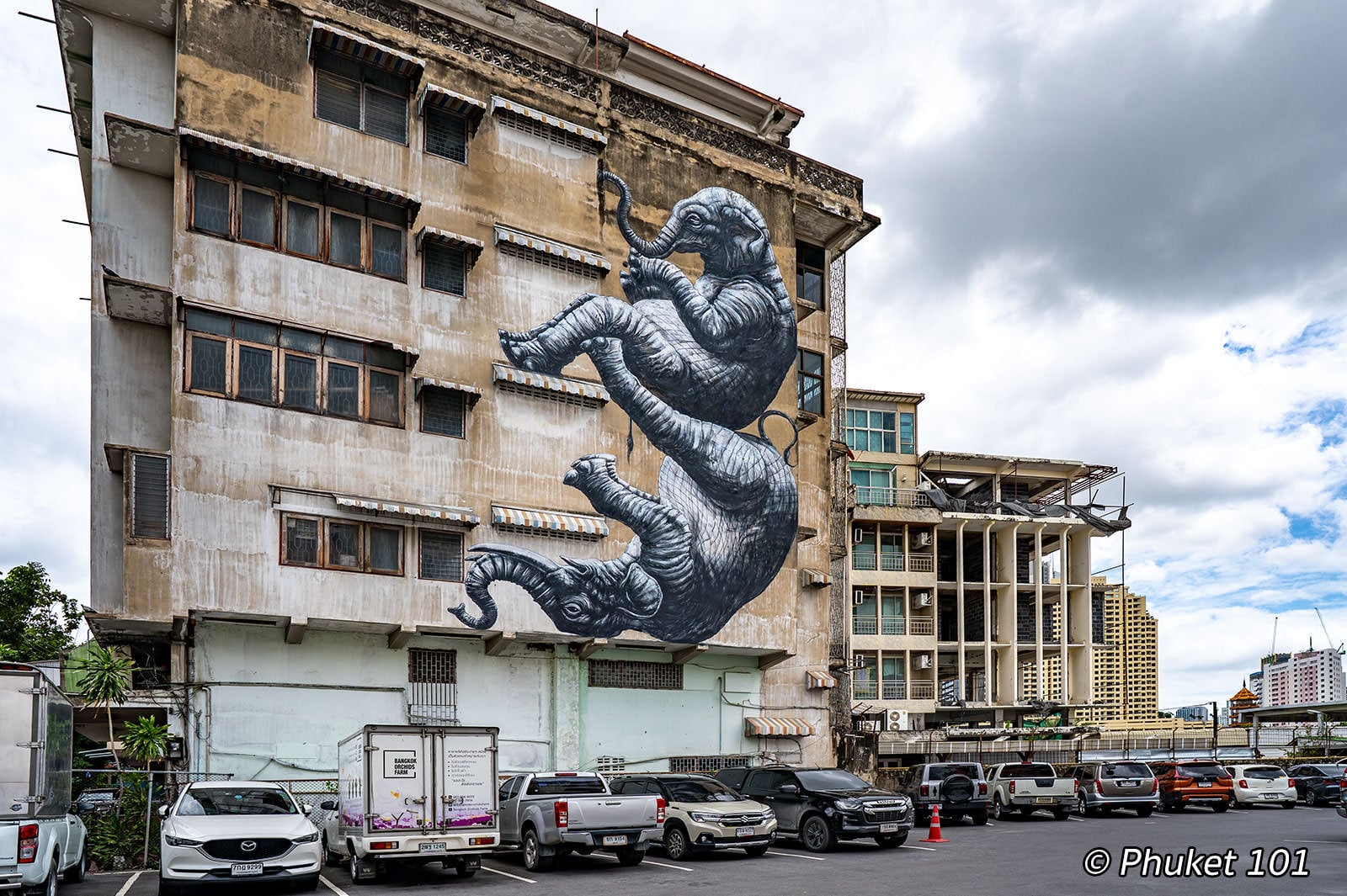 Wlephants painted by Belgian artist ROA on Song Wat Road in Bangkok