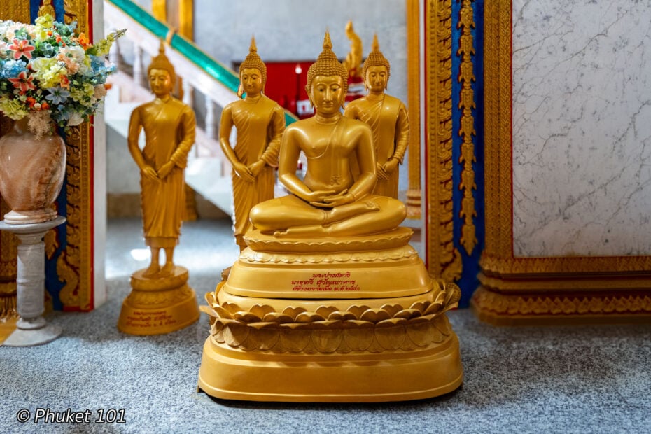 The seven weekday Buddha postures on display at Wat Chalong temple, Phuket